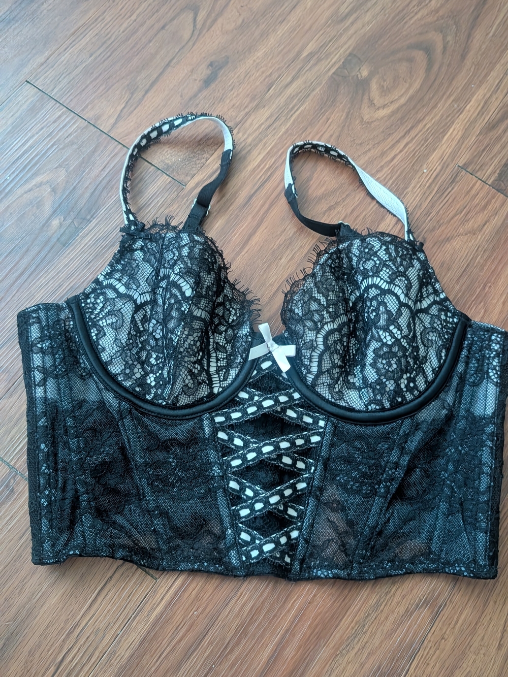 Victoria's Secret Black Lace Longline Bustier Bra with Bow Detail XS/S